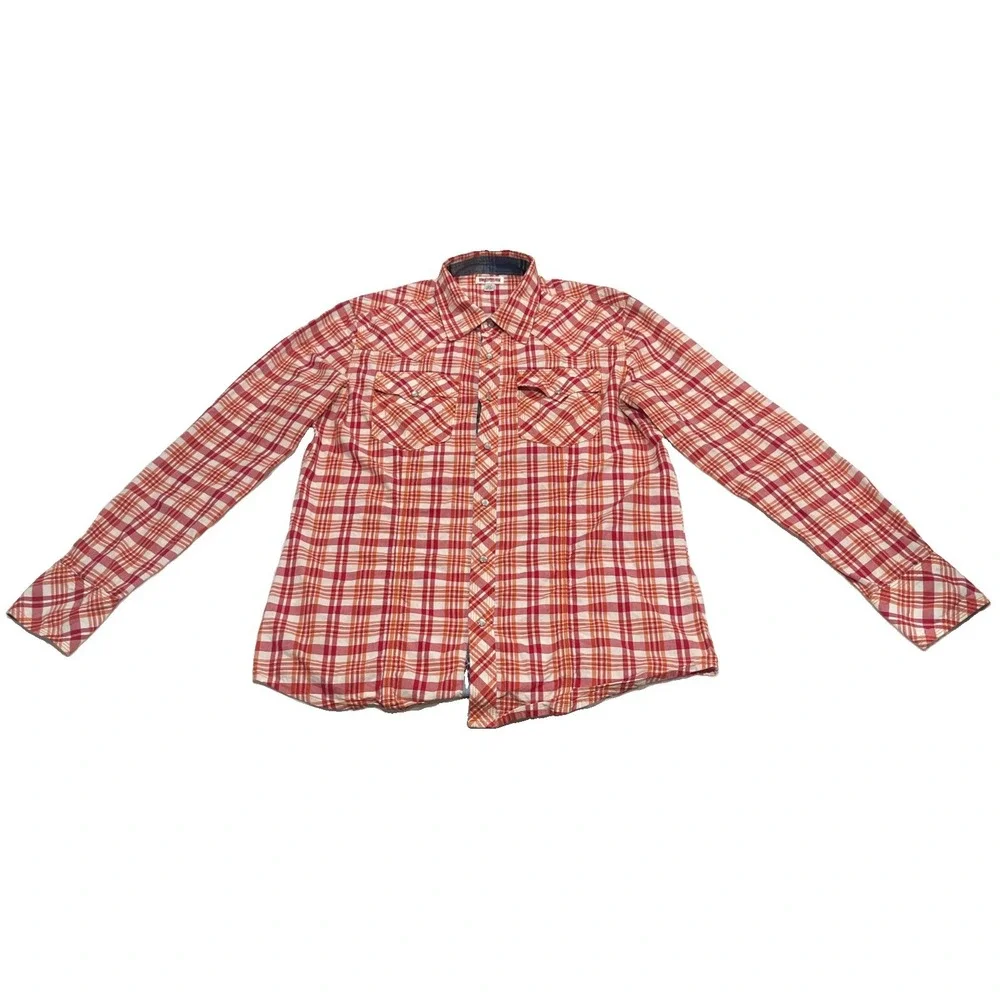 True Religion Mens Orange Red Plaid Western Pearl Snap Shirt XL M3RA315TT